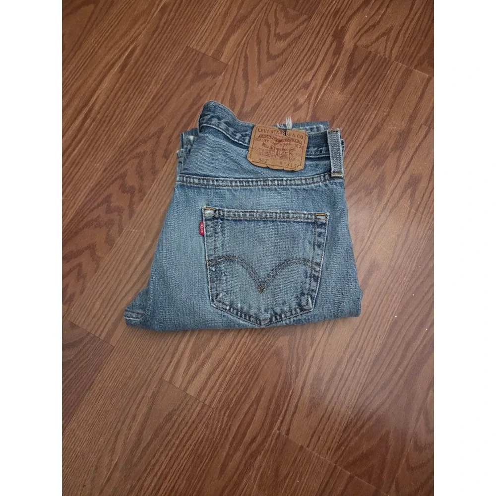 Levis 501 Mens Original Fit‎ Straight Leg Button Fly Distressed Blue Jeans 31x34